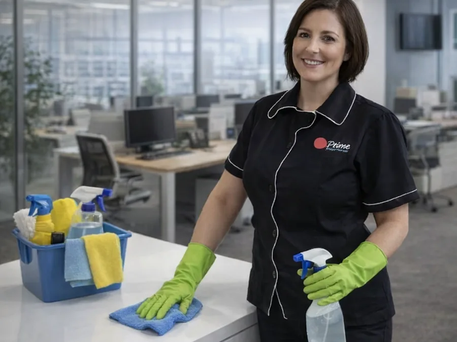 Profissional da Prime uniformizada, com kit de limpeza, em um escritório